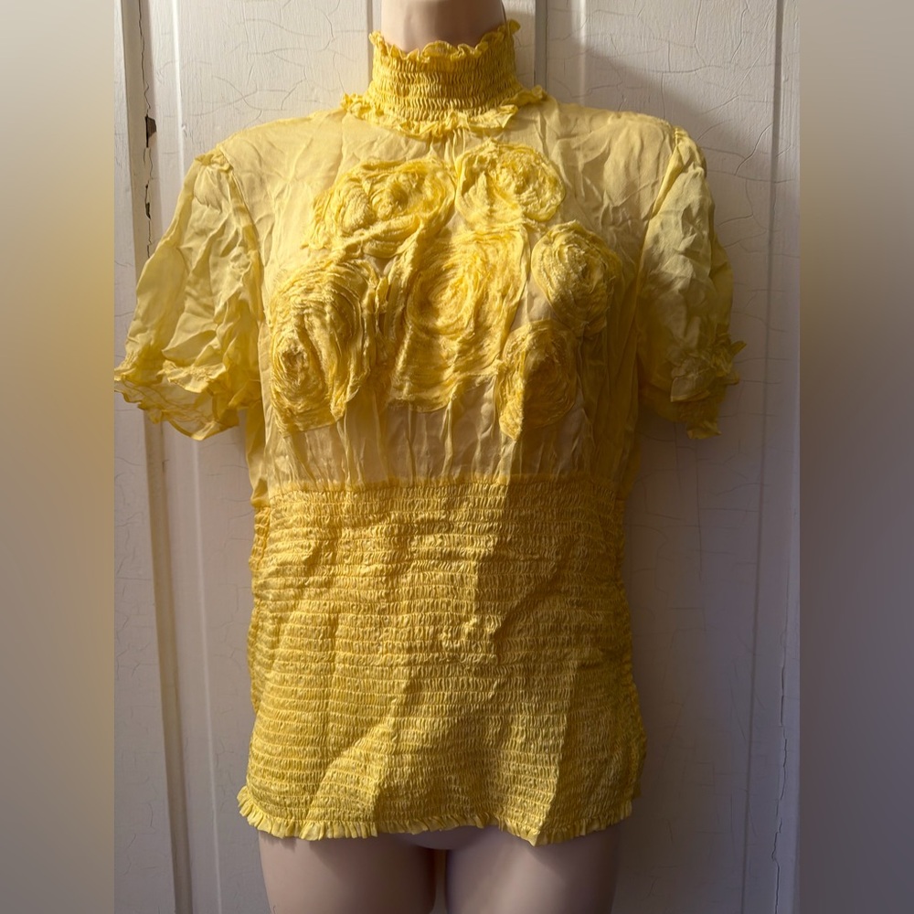 Bebe yellow silk top with appliqué roses L